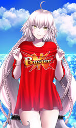  ahoge alternate_hairstyle blue_sky blurry blurry_background blush bokeh bracelet braid buster_shirt clothes_writing collarbone commentary_request day depth_of_field fate/grand_order fate_(series) female hair_ornament hair_scrunchie hair_tie highres jeanne_d&#039;arc_alter_(fate) jeanne_d&#039;arc_alter_(festival_outfit)_(fate) jewelry long_hair looking_at_viewer low-tied_long_hair multiple_braids no_pants ocean official_alternate_hairstyle omizu_(omz) outdoors parted_lips pink_lips print_shirt red_shirt scrunchie shirt short_sleeves sky solo t-shirt thigh_gap thighs twitter_username very_long_hair water yellow_eyes 