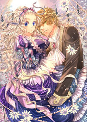  1boy arm_around_shoulder ascot blonde_hair blue_eyes bow brooch dress dress_bow female flower hairbow highres jewelry long_hair long_sleeves official_art original pink_bow purple_dress sakamoto_akira straight very_long_hair 