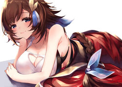  40_(0f0urw) absurdres blue_eyes braid breasts brown_hair cleavage female granblue_fantasy hair_ornament head_rest highres large_breasts leona_(granblue_fantasy) lying on_stomach smile solo 