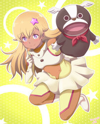  blonde_hair commentary_request dark-skinned_female dark_skin female full_body funicia_rafaeli gloves hair_ornament hand_puppet index_finger_raised kanata_no_astra lolicon looking_at_viewer puppet purple_eyes samenoido skirt smile solo star_(symbol) star_hair_ornament white_footwear white_gloves white_skirt yellow_background 