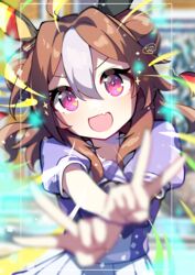  absurdres ahoge animal_ears blurry brown_hair commentary_request copano_rickey_(umamusume) depth_of_field double_bun double_v female hair_between_eyes hair_bun heart heart_in_eye highres horse_ears horse_girl long_hair looking_at_viewer nanananananana oerba_yun_fang open_mouth outstretched_arms pink_eyes puffy_short_sleeves puffy_sleeves purple_shirt reaching reaching_towards_viewer school_uniform shirt short_sleeves skin_fang skirt smile solo symbol_in_eye tracen_school_uniform twig umamusume upper_body v v-shaped_eyebrows white_skirt 