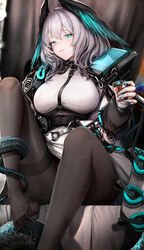  absurdres aqua_eyes aqua_nails aqua_wings arknights between_breasts black_curtains black_pantyhose blurry blurry_background blush bokeh breasts coat commentary_request cup depth_of_field dress feathered_wings feet female fingernails foot_out_of_frame grey_hair hair_between_eyes head_wings highres ho&#039;olheyak_(arknights) holding holding_cup infection_monitor_(arknights) large_breasts long_coat long_sleeves looking_at_viewer no_shoes nopetroto open_clothes open_coat pantyhose parted_lips revision scales sharp_fingernails short_hair sidelocks sitting slit_pupils snake_tail solo strap_between_breasts tail tail_around_own_leg tail_wrap thick_thighs thighband_pantyhose thighhighs thighs toes white_dress wings 