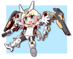  :d baselard black_pantyhose blonde_hair blue_background blush boots commentary_request drop_shadow elbow_gloves female frame_arms_girl full_body gloves green_eyes headgear highres knee_boots leotard long_hair looking_at_viewer mecha_musume naga_u open_mouth pantyhose smile solo two-tone_background white_background white_footwear white_gloves white_leotard 