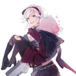  2girls assault_rifle blue_eyes blush boots carrying commentary dirty dirty_face embarrassed facial_mark gentiane_(girls&#039;_frontline) girls&#039;_frontline griffin_&amp;_kryuger_military_uniform gun h&amp;k_sl8 imoko_(imonatsuki) lightning_bolt_symbol multiple_girls princess_carry rifle sharp_teeth sl8_(girls&#039;_frontline) teeth torn_clothes weapon 