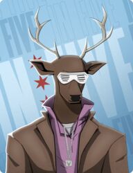  anthro antlers biped chicago_flag clothing deer digital_media_(artwork) english_text eyewear half-length_portrait hi_res horn jacket jewelry logo male mammal milwaukee_bucks nba necklace nft popped_collar portrait shutter_shades simple_background solo star sunglasses text topwear unknown_artist 