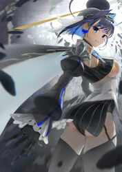  absurdres ass bad_id bad_pixiv_id bare_shoulders black_gloves black_thighhighs blue_eyes blue_hair blush breasts cape chains crop_top detached_sleeves female gloves hair_intakes halo happa_de_happy highres hololive hololive_english large_breasts looking_at_viewer mechanical_halo ouro_kronii ouro_kronii_(1st_costume) skirt smile solo striped_clothes striped_skirt thighhighs underboob underwear virtual_youtuber 