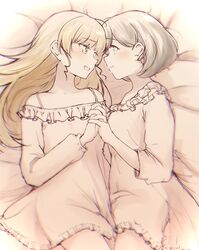  2girls bed bed_sheet between_legs blonde_hair blunt_bangs blurry blurry_vision blush breasts collarbone couple dress eye_contact frilled_dress frills grey_hair heanna_sumire highres hime_cut holding_hands interlocked_fingers katsuragi_(webmaster909) long_hair long_sleeves looking_at_another looking_to_the_side love_live! love_live!_superstar!! lying medium_breasts multiple_girls open_mouth pajamas short_hair smile tang_keke thighs yuri 