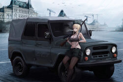  absurdres artistic_error belt bird black_pantyhose blonde_hair bolt_action boots breasts car cargo_shorts cigarette cleavage commentary commission commissioner_name country_connection crane_(machine) cross-laced_footwear day feet_out_of_frame female fog fur_hat green_eyes gun hat highres holding holding_cigarette holding_gun holding_weapon kcar66t knee_boots large_breasts leaning_against_vehicle long_hair looking_at_viewer midriff military military_vehicle moscow mosin-nagant motor_vehicle navel original pantyhose pantyhose_under_shorts pixiv_commission real_world_location red_square rifle russia shorts sidelocks smoking solo sports_utility_vehicle st_basil&#039;s_cathedral tank_top thong uaz-469 ushanka weapon 