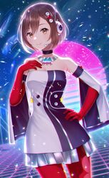  bare_shoulders brown_eyes brown_hair choker chromatic_aberration commentary cowboy_shot detached_sleeves dress elbow_gloves female gloves hair_ornament hand_on_own_chest hand_on_own_hip headgear headset highres kirita_asami magical_mirai_(vocaloid) magical_mirai_meiko magical_mirai_meiko_(2022) meiko_(vocaloid) pantyhose radio_antenna red_gloves red_pantyhose short_hair smile solo sparkle standing strapless strapless_dress tube_dress vocaloid 