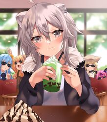  5girls ahoge animal_ears black_mask blonde_hair blue_hair brown_headwear commentary_request cup drink drinking_glass drinking_straw finger_to_mouth fox_hat grey_hair hat highres holding holofive hololive horns iced_coffee lion_ears looking_at_viewer mano_aloe mask mask_around_neck menu momosuzu_nene mouth_mask multiple_girls oerba_yun_fang official_alternate_costume omaru_polka omaru_polka_(street_casual) pov pov_across_table pov_dating purple_hair setsuna_(l9in1cszw3f6qsq) shishiro_botan shushing smile star-shaped_eyewear star_(symbol) sunglasses virtual_youtuber yukihana_lamy 