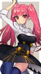  blue_thighhighs blunt_bangs blush breasts buttons commentary_request dress eyelashes female fire_emblem fire_emblem:_three_houses frills garreg_mach_monastery_uniform highres hilda_valentine_goneril itsumo_nokoru long_hair looking_at_viewer pink_eyes pink_hair sidelocks simple_background smile solo thighhighs twintails uniform 