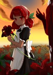  absurdres apron black_dress blush bow cloud commentary cookie_run dress female flower hair_ornament hair_up highres holding holding_flower humanization leaf_hair_ornament maid_apron medium_hair outdoors pomegranate_cookie red_eyes red_hair short_sleeves solo_focus sugarkurage sunset white_bow 