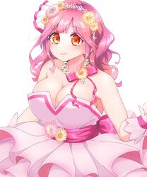  alternate_costume alternate_hairstyle bare_shoulders bow breasts brown_eyes cleavage collarbone dress female flower highres jewelry large_breasts long_hair looking_at_viewer macross macross_delta makina_nakajima necklace pearl_necklace pink_bow pink_flower pink_hair smile solo strapless strapless_dress tomomon_(badatomo) upper_body white_background wrist_cuffs yellow_flower 