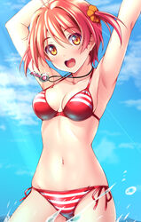  bikini blue_sky breasts cloud collarbone female hair_ornament hair_scrunchie isshiki_akane jewelry key medium_breasts navel necklace nonbe open_mouth orange_eyes red_bikini red_hair round_teeth scrunchie short_hair side-tie_bikini_bottom sky smile solo striped_bikini striped_clothes swimsuit teeth twintails upper_teeth_only vividred_operation 