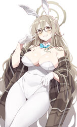  absurdres akane_(blue_archive) akane_(bunny)_(blue_archive) animal_ears aqua_bow aqua_bowtie black-framed_eyewear blue_archive blue_bow blue_bowtie bow bowtie breasts brown_eyes brown_scarf cleavage detached_collar fake_animal_ears female glasses gloves hair_ornament halo highres kunikune large_breasts leotard light_brown_hair looking_at_viewer official_alternate_costume pantyhose playboy_bunny rabbit_ears scarf simple_background smile solo strapless strapless_leotard white_gloves white_leotard white_pantyhose 