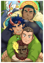  4boys bara beard blue_hair blush broken_horn buzz_cut creature dark-skinned_male dark_blue_hair dark_skin demon_boy demon_horns dogpile facial_hair fiery_horns flaming_eye halo halo_behind_head hephaestus_(housamo) highres horns hug hug_from_behind kajiya_kurogane kumagamike long_sideburns male_focus mature_male multiple_boys muscular muscular_male oerba_yun_fang red_hair scar scar_on_face scar_on_forehead scar_on_neck shirt short_hair sideburns smile stubble takemaru_(housamo) textless_version thick_eyebrows tight_clothes tight_shirt tokyo_afterschool_summoners tvastar_(housamo) very_dark_skin very_short_hair vritra_(housamo) 