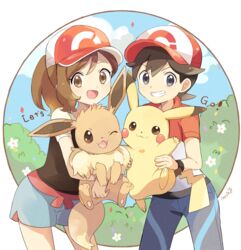  1boy :3 arms_up artist_name ayumi_(pokemon) bangs baseball_cap black_eyes black_hair black_shirt blue_pants blue_sky blush blush_stickers brown_eyes brown_hair bush closed_mouth cloud copyright_name day eevee english_text female flat_chest flower gen_1_pokemon green_shorts grin happy hat highres holding holding_pokemon kakeru_(pokemon) legs_apart light_blush looking_at_viewer mei_(maysroom) open_mouth outdoors pants pawpads paws pikachu poke_ball_theme pokemon pokemon_(creature) pokemon_(game) pokemon_lgpe ponytail red_headwear red_shirt shirt short_hair short_shorts short_sleeves shorts side_slit signature sky smile teeth tied_hair white_flower wristband 