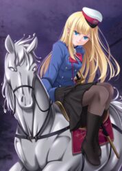  black_footwear black_pantyhose black_skirt blonde_hair blue_eyes blue_shirt blunt_bangs boots buttons double-breasted fate/grand_order fate_(series) female full_body hat highres horse horseback_riding layered_skirt long_hair long_sleeves overcast pantyhose reines_el-melloi_archisorte riding shirt sidelocks skirt sky solo sword takanashi_tsukasa trimmau_(fate) visor_cap weapon 