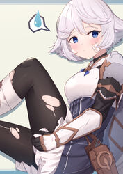  armor bandaged_leg bandages black_gloves black_pantyhose blue_dress blue_eyes blush breasts closed_mouth damaged dress farrah_(granblue_fantasy) female frilled_dress frills gauntlets gloves granblue_fantasy hair_between_eyes hair_flaps highres looking_at_viewer md5_mismatch medium_breasts pantyhose pauldrons shoulder_armor solo spoken_sweatdrop sweatdrop torn_clothes torn_pantyhose uneg white_hair 