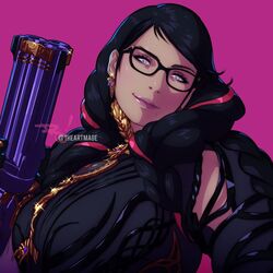  adjusting_hair bayonetta bayonetta_(series) bayonetta_3 black-framed_eyewear black_hair braid earrings female glasses gun hand_in_own_hair jewelry long_hair makeup mole mole_under_mouth purple_background purple_eyes simple_background solo the_art_mage twin_braids weapon 