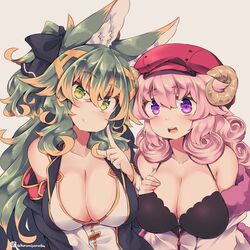  2girls animal_ear_fluff animal_ears bare_shoulders beret black_ribbon breasts cleavage closed_mouth collarbone commentary_request curled_horns green_eyes green_hair grey_background hair_between_eyes hair_ribbon hat horns kuromiya kuromiya_raika_(kuromiya) kuzakura_mika_(kuromiya) large_breasts looking_at_viewer multicolored_hair multiple_girls orange_hair original pink_hair purple_eyes red_headwear ribbon sheep_horns smile two-tone_hair upper_body 