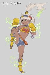  ahoge atte_nanakusa bandeau blush boxing_gloves breasts commentary_request concept_art dark-skinned_female dark_skin eiyuu_senki eiyuu_senki_ww electricity female fighting_stance foot_wraps full_body green_eyes grey_background headband huge_ahoge leg_up long_hair muscular muscular_female nai_khanom_tom_(eiyuu_senki) official_art short_shorts shorts simple_background small_breasts solo standing standing_on_one_leg toned triangle_mouth twintails white_hair 