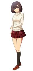  absurdres aran_sweater breasts brown_eyes brown_hair cable_knit closed_mouth female full_body harasaki_nozomi highres kayama_kenji looking_at_viewer shenmue shenmue_i short_hair simple_background skirt smile solo sweater turtleneck white_background 