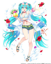  :d alternate_costume aqua_eyes aqua_hair armpits bare_legs bare_shoulders belt bikini bikini_top_only breasts choker cleavage commentary company_name copyright_notice cup cutoffs denim denim_shorts drinking_glass eyewear_on_head female finger_gun floating_hair flower full_body green_shorts halterneck hatsune_miku hatsune_miku_-tap_wonder- hibiscus highres hisen_kaede holding hurricane_glass long_hair looking_at_viewer medium_breasts midriff navel o-ring o-ring_belt off_shoulder official_art open_mouth outstretched_arm red_flower round_eyewear sandals scrunchie short_shorts shorts smile solo stomach striped_bikini striped_clothes sunglasses swimsuit thighs tropical_drink twintails very_long_hair vocaloid water white_background wrist_scrunchie 