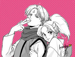  1boy absurdres botan_(yu_yu_hakusho) couple facial_mark female forehead_mark highres hug hug_from_behind japanese_clothes kimono koenma lips looking_at_viewer pacifier pink_background polka_dot polka_dot_background ponytail scarf shivaharu short_hair smile straight yu_yu_hakusho 