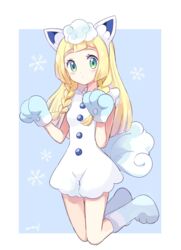  alolan_form alolan_vulpix alolan_vulpix_(cosplay) alternate_costume animal_ears artist_name bangs blonde_hair blue_background blue_footwear blue_gloves blush blush_stickers border braid breasts closed_mouth cosplay dress fake_animal_ears fake_tail female fox_ears fox_tail full_body gen_7_pokemon gloves green_eyes hairband hands_up kneeling lillie_(pokemon) long_hair looking_at_viewer mei_(maysroom) paw_gloves paw_pose paw_shoes paws pokemon pokemon_(anime) pokemon_sm_(anime) revision shiny shiny_hair shoes signature simple_background sleeveless sleeveless_dress small_breasts snowflakes solo tail tied_hair twin_braids white_border white_dress white_hairband 