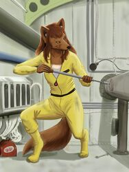  3:4 5_fingers anthro biped black_nose bowman&#039;s_wolf brown_body brown_fur brown_hair canid canine canis clothed clothing detailed_background female fingers fizzymus flat_chested florence_ambrose fluffy fluffy_tail freefall_(webcomic) fur hair hi_res holding_object holding_tool jumpsuit mammal red_wolf solo tail text tools whiskers white_body white_fur wolf yellow_eyes 