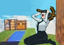  ass black_hair black_pants blue_sky blurry blurry_foreground breasts chainsaw_man collared_shirt crafting_table_(minecraft) crying eyepatch facing_up female grass hands_on_own_head highres himeno_(chainsaw_man) holding holding_pickaxe kneeling large_breasts liowig meme minecraft minecraft_pickaxe obsidian_(gemstone) on_grass open_mouth outdoors pants pickaxe shirt shirt_tucked_in short_hair sky solo tears tree water white_shirt 