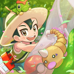  1boy :d bad_id bad_pixiv_id blush brown_eyes bug_catcher_(pokemon) butterfly_net caterpie commentary_request day forest green_hair green_shirt green_shorts hair_between_eyes hand_net hat hat_ribbon holding holding_butterfly_net male_focus nature on_head open_mouth outdoors petals poke_ball poke_ball_(basic) pokemon pokemon_(creature) pokemon_lgpe pokemon_on_head ribbon shirt shorts smile teeth tom_(pixiv10026189) tongue tree weedle 