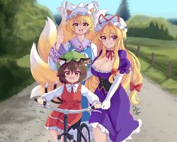  3girls absurdres animal_ear_fluff animal_ear_piercing animal_ears artist_name behind_another bicycle black_corset blonde_hair blue_sky blue_tabard blurry blurry_background blush breasts brown_hair cat_ears cat_tail chen choker cleavage corset day dress drogo_doggo elbow_gloves fence forest fox_tail frilled_dress frilled_skirt frills gloves grass green_headwear grin hair_between_eyes hair_ribbon hand_on_another&#039;s_back hand_up happy hat hat_ribbon helping highres jewelry large_breasts long_hair long_sleeves looking_at_viewer mob_cap multiple_girls multiple_tails nature open_mouth orange_eyes outdoors puffy_short_sleeves puffy_sleeves purple_dress purple_eyes red_ribbon red_skirt red_vest ribbon ribbon_choker riding riding_bicycle road shirt short_hair short_sleeves sidelocks sitting skirt skirt_set sky smile spanish_commentary standing tabard tail tall_female touhou tree two_tails very_long_hair vest waving white_dress white_headwear white_ribbon white_shirt yakumo_ran yakumo_yukari 