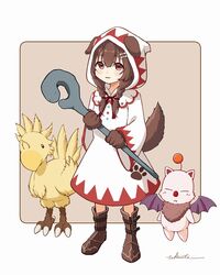  :3 animal_ears blush_stickers bone_hair_ornament boots braid brown_eyes brown_hair chocobo cosplay crossover dog_ears dog_tail female final_fantasy hair_ornament highres hololive hood hooded_dress inugami_korone moogle signature staff standing tail takimoto_nao twin_braids virtual_youtuber white_mage_(final_fantasy) white_mage_(final_fantasy)_(cosplay) 