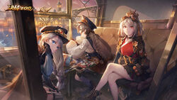  3girls :d bag_of_chips baraba_baba bell black_footwear black_skirt blue_eyes braid brown_hair camera chin_(onmyoji) chinese_clothes crossed_legs garter_straps gears goggles goggles_on_head highres jingle_bell kyonshii_imouto_(onmyoji) long_hair long_sleeves miketsu_(onmyoji) multiple_girls onmyoji onmyoji_arena onmyouji pointy_ears quill red_eyes red_skirt sitting skirt smile steampunk striped_clothes striped_thighhighs table thick_eyebrows thighhighs train_interior vertical-striped_clothes vertical-striped_thighhighs very_long_hair watch watermark white_hair wide_sleeves window 