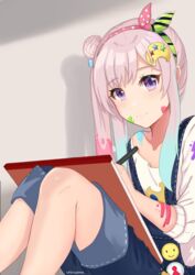  absurdres airani_iofifteen airani_iofifteen_(1st_costume) blue_hair bow drawing female gradient_hair hair_behind_ear hair_bun hairbow highres holding holding_pen hololive hololive_indonesia lazycoffee_(wyen_iscordo) looking_at_viewer multicolored_hair overalls palette_hair_ornament pen pink_hair purple_eyes shadow side_ponytail sidelocks single_hair_bun smile solo virtual_youtuber 