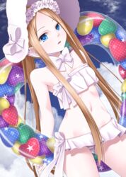  abigail_williams_(fate) abigail_williams_(swimsuit_foreigner)_(fate) abigail_williams_(swimsuit_foreigner)_(third_ascension)_(fate) bare_shoulders bikini blonde_hair blue_eyes blue_sky bow bowtie cloud cowboy_shot fate/grand_order fate_(series) female forehead frilled_bikini frilled_hairband frills hairband highres holding holding_swim_ring innertube long_hair navel parted_bangs parted_lips sidelocks sky solo stomach swim_ring swimsuit takanashi_tsukasa twintails very_long_hair white_bikini white_bow white_headwear 