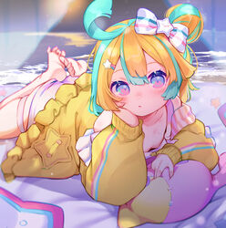  ahoge amakawa_hano aqua_hair bare_shoulders barefoot beach blonde_hair blurry bow breasts closed_mouth coat collarbone depth_of_field downblouse elbow_rest female hair_between_eyes hair_bun hair_ornament hairbow hairclip highres looking_at_viewer lying multicolored_hair night on_stomach purple_eyes rainbow_hair_ornament re:act single_hair_bun skindentation small_breasts soles solo star_(symbol) star_hair_ornament stuffed_animal stuffed_toy thigh_strap two-tone_hair utsusumi_kio virtual_youtuber water yellow_coat 