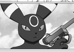  ambiguous_gender anthro eeveelution generation_2_pokemon gun handgun monochrome nambu_type_14 nintendo pistol pokemon pokemon_(species) ranged_weapon solo umbreon unknown_artist weapon 