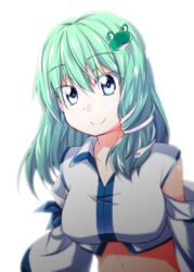  bare_shoulders blue_eyes closed_mouth collarbone collared_shirt commentary_request crop_top cropped_shirt cropped_torso detached_sleeves dress_shirt female frog_hair_ornament green_hair hair_between_eyes hair_ornament horikawakyo kochiya_sanae long_hair looking_at_viewer navel ribbon-trimmed_sleeves ribbon_trim shiny_skin shirt sleeveless sleeveless_shirt smile snake_hair_ornament solo touhou two-tone_shirt upper_body white_background white_shirt 