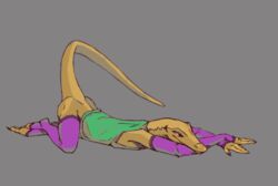  2d_animation ambiguous_gender animated anthro armwear ass bottomless brown_body brown_scales claws clothed clothing feet frame_by_frame klongi legwear lizard long_tail lying on_front reptile scales scalie shaking_butt short_playtime soles solo tail 