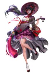  absurdres biwa_lute black_hair bonnet bow braid breasts commentary drum female floral_print flower frilled_skirt frills full_body hair_flower hair_ornament hanbok highres instrument korean_clothes long_hair looking_at_viewer lute_(instrument) medium_breasts norigae original parted_lips pipa_(instrument) purple_headwear purple_skirt red_bow red_eyes red_flower red_footwear red_ribbon ribbon simple_background skirt solo standing standing_on_one_leg tassel very_long_hair white_background white_legwear yuushi 