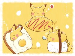  :3 artist_name blush bread closed_eyes closed_mouth commentary egg_(food) food fried_egg highres lying no_humans nose_bubble omelet omurice on_side pikachu pokemon pokemon_(creature) rice signature sleeping smile temariame14 thought_bubble zzz 