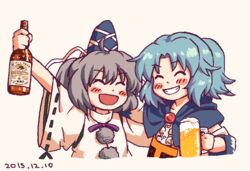  2girls :d ^_^ alcohol beer beer_mug blue_hair blush bow bowtie breasts buddhist_nun closed_eyes cup dated grey_hair grin hat hood japanese_clothes jewelry kariginu kesa kumoi_ichirin long_sleeves medium_hair mononobe_no_futo mug multiple_girls neck_ribbon nun open_mouth pendant pom_pom_(clothes) ponytail purple_bow purple_bowtie purple_ribbon ribbon ribbon-trimmed_sleeves ribbon_trim small_breasts smile tate_eboshi touhou wide_sleeves you_taira 