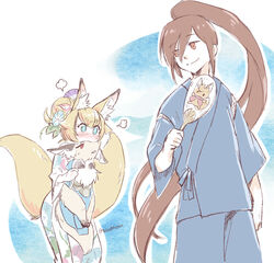  +_+ 1boy 2girls animal_ear_fluff animal_ears artist_name bad_id bad_pixiv_id blue_eyes blue_flower blue_kimono blush body_fur brown_eyes carrying closed_mouth commentary_request cowboy_shot ears_down eye_contact floral_print flower fox_ears fox_girl fox_tail full_body furry furry_female hair_between_eyes hair_bun hair_flower hair_ornament hand_fan hand_up hands_up happy high_ponytail holding holding_fan inaho_(world_flipper) japanese_clothes kimono light_(world_flipper) long_hair long_sleeves looking_at_another looking_back looking_up morning_glory morning_glory_print multiple_girls multiple_tails neck_fur nose_blush outline paper_fan pink_flower puff_of_air purple_flower red_eyes red_flower sash shirano_(world_flipper) short_hair sidelocks signature single_hair_bun smile soushiro_(world_flipper) standing sweat tail tatsuri_(forest_penguin) twitter_username two-tone_fur two_tails uchiwa very_long_hair white_fur white_outline wide-eyed world_flipper yellow_fur 