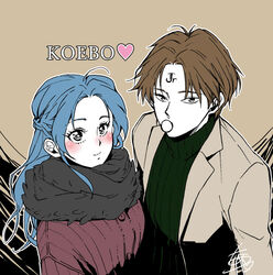  1boy alternate_hairstyle blue_hair blush botan_(yu_yu_hakusho) brown_hair casual couple facial_mark female forehead_mark grey_jacket jacket koenma long_hair looking_at_viewer pacifier ponytail ribbed_sweater scarf shivaharu short_hair smile straight sweater upper_body yu_yu_hakusho 