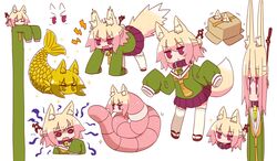  :o all_fours animal_ear_fluff animal_ears animalization bell blonde_hair blush box brown_collar brown_footwear chibi collar commentary earthworm female fish flat_chest fox_ears fox_girl fox_tail green_shirt hair_between_eyes hair_bun hair_ornament highres hissing jingle_bell kemomimi-chan_(naga_u) lightning_bolt_symbol long_sleeves longcat_(meme) meme multiple_views naga_u neck_bell necktie open_mouth orange_necktie original parted_lips pleated_skirt puffing_up purple_eyes purple_skirt red_eyes ribbon-trimmed_thighhighs ribbon_trim sailor_collar sandals school_uniform serafuku shachihoko shirt simple_background single_hair_bun skirt sleeves_past_fingers sleeves_past_wrists socks sparkle tail thighhighs v-shaped_eyebrows wavy_mouth white_background white_legwear white_sailor_collar worm zouri 