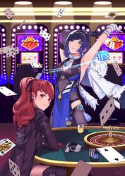  2girls absurdres armpits arms_up bare_shoulders black_gloves black_jacket black_ribbon blue_dress blue_hair bob_cut breasts buttons card casino closed_mouth commentary commission crossover dark_blue_hair diagonal_bangs dice dress elbow_gloves english_commentary fingerless_gloves fur-trimmed_jacket fur_trim genshin_impact gloves green_eyes hair_ribbon highres indoors jacket jacket_on_shoulders large_breasts laura_post lips long_hair long_sleeves looking_at_viewer multiple_girls parted_lips persona persona_5 persona_5_the_royal pink_lips ponytail red_eyes red_gloves red_hair ribbon short_hair smile voice_actor_connection white_gloves white_jacket yelan_(genshin_impact) yoshizawa_kasumi yura_s_arts 