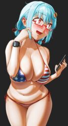  american_flag american_flag_bikini american_flag_print apple_watch bikini blue_hair blush borrowed_character breasts burger_hair_ornament cellphone chibi chibi_inset cleavage collarbone commentary_request embarrassed female flag_print food-themed_hair_ornament glasses grey_background hair_ornament hair_ribbon hairclip halterneck hamburger-chan_(hundredburger) heavy_breathing highres holding holding_phone huge_breasts legs_together low_twintails muffin_top navel nose_blush open_mouth original phone plump print_bikini red-framed_eyewear ribbon semi-rimless_eyewear side-tie_bikini_bottom skindentation smartphone smartwatch solo spaghetti_strap standing string_bikini swimsuit textless_version trembling twintails under-rim_eyewear underboob watch wristwatch zuriagemaki 